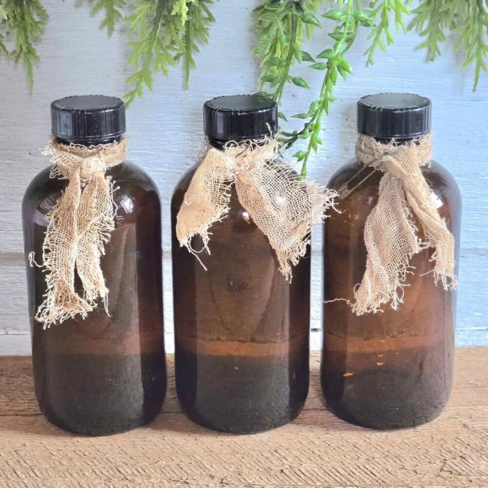 Primitive Brown Glass Bottle Set Cheesecloth Rusty Safety Pins Farmhouse Decor